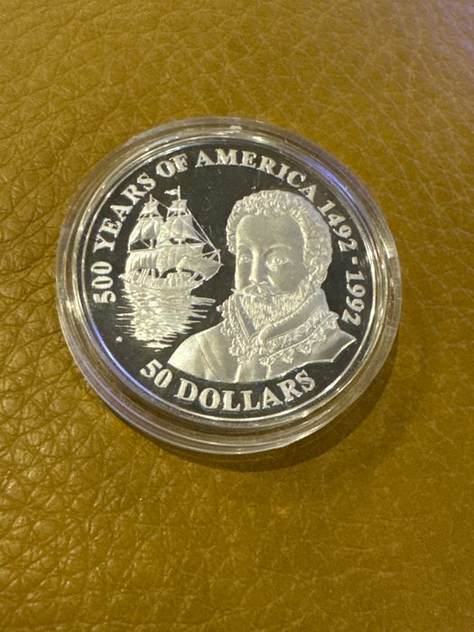 Cook-øerne. 50 Dollars 1990 Series 500 Years of America 1492-1992, 1 Oz Proof  (Ingen mindstepris)