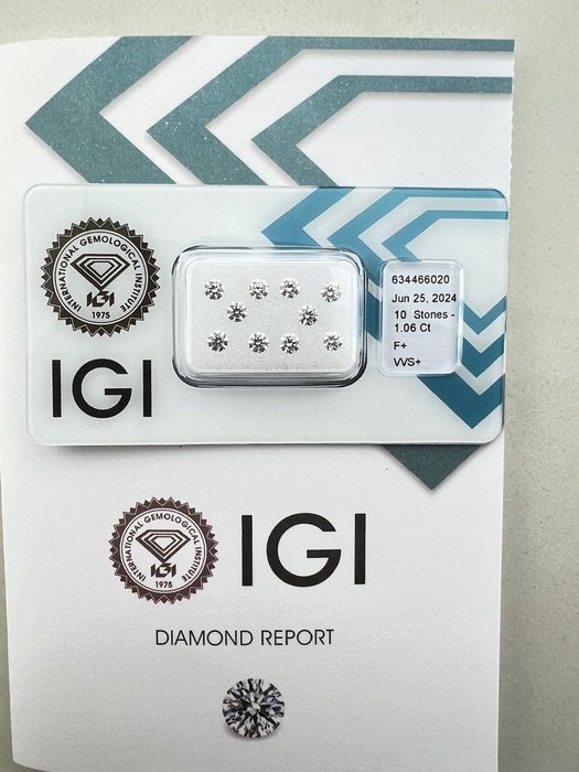 10 pcs Diamant  (Natur)  - 1.06 ct - Rund - D (farveløs), E, F - IF, VVS1, VVS2 - International Gemological Institute (IGI)