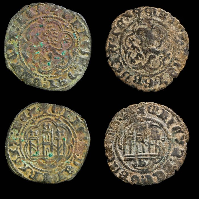 Kongeriget Castile. Enrique III. Blanca Ceca de Toledo y Ceca de Burgos (lóbulo incompleto bajo castillo). Lote de 2 monedas  (Ingen mindstepris)