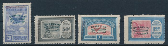 Argentina 1930 - Zeppelin - "Airship Graf Zeppelin, specialudgaver, grønt tryk - mit Aufdruck "Muestra" , Michel Nr. 342, 343, 345/46 "Muster"