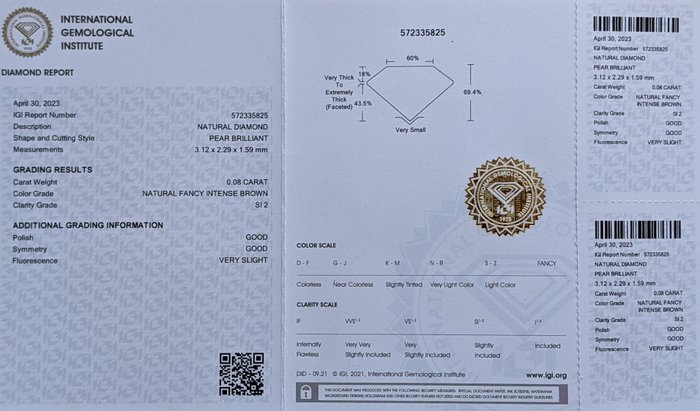 Ingen mindstepris - 1 pcs Diamant  (Naturfarvet)  - 0.08 ct - Pære - Fancy intense Brun - SI2 - International Gemological Institute (IGI)