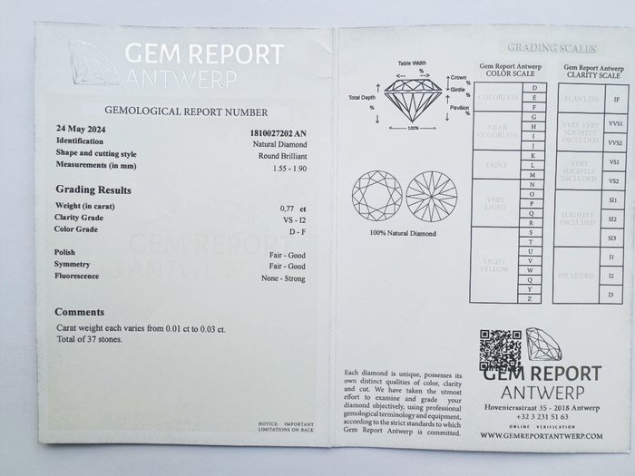 Ingen mindstepris - 37 pcs Diamant  (Natur)  - 077 ct - Rund - D (farveløs) F - I2 VS1 - Gem Report Antwerp (GRA)