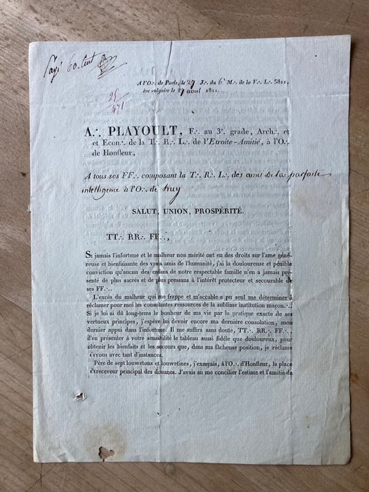 A. Playoult - L'Etoile-Amitié, à l'O. de Honfleur (Franc Maconnerie France) - handwritten and signed document - 1811