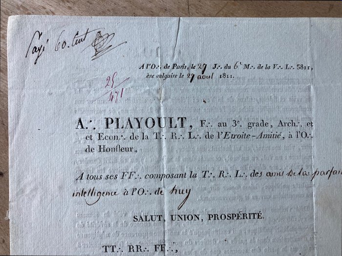 A. Playoult - L'Etoile-Amitié, à l'O. de Honfleur (Franc Maconnerie France) - handwritten and signed document - 1811