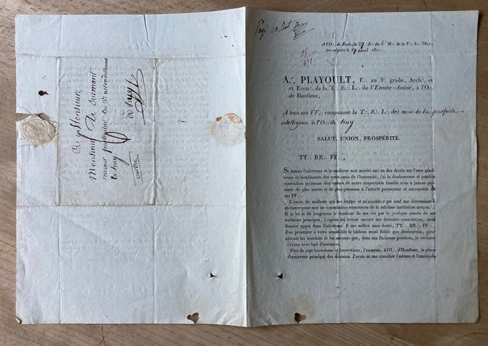 A. Playoult - L'Etoile-Amitié, à l'O. de Honfleur (Franc Maconnerie France) - handwritten and signed document - 1811