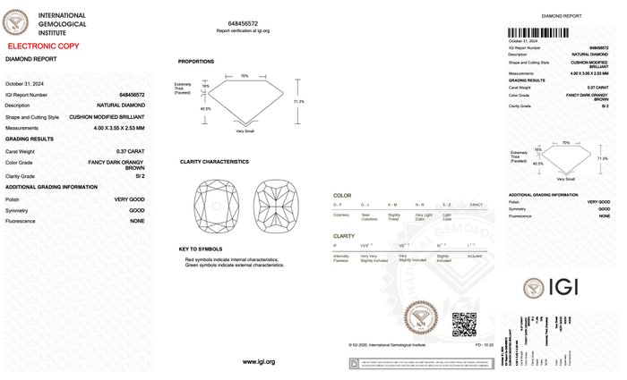 Ingen mindstepris - 1 pcs Diamant  (Naturfarvet)  - 0.37 ct - Pude - Fancy dark Orange nuance Brun - SI2 - International Gemological Institute (IGI)