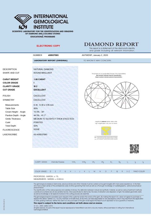 1 pcs Diamant  (Natur)  - 1.00 ct - Rund - I - SI2 - International Gemological Institute (IGI) - L210604