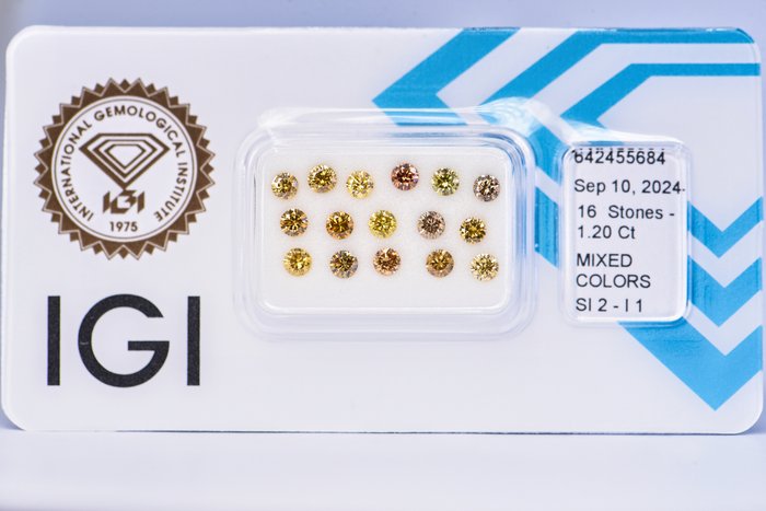 Ingen mindstepris - 16 pcs Diamant  (Naturfarvet)  - 120 ct - Rund - Fancy Fancy dark Brun Grønlig Gul - I1 SI2 - International Gemological Institute (IGI)