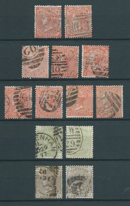 Storbritannien 1862/1880 - 4d Queen Victoria, forskellige farver - udvalg af 13 forskellige tallerkennumre! - S.G.: 80, 82, 94, 153, 160