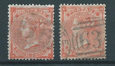 Storbritannien 1862/1880 - 4d Queen Victoria, forskellige farver - udvalg af 13 forskellige tallerkennumre! - S.G.: 80, 82, 94, 153, 160