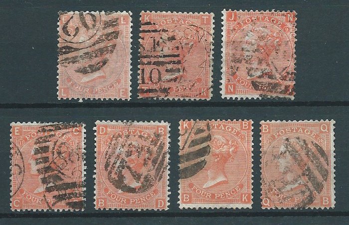 Storbritannien 1862/1880 - 4d Queen Victoria, forskellige farver - udvalg af 13 forskellige tallerkennumre! - S.G.: 80, 82, 94, 153, 160