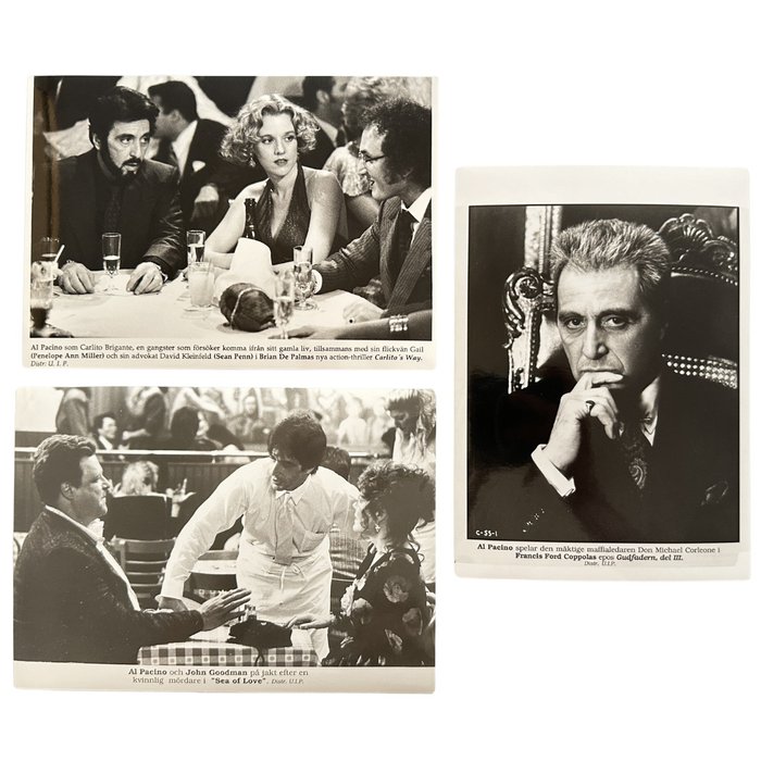 Set of 3 black and white Press photos - The Godfather Part III - Sea of love - Carlito’s way - Al Pacino - Penelope Ann Miller - Sean Penn