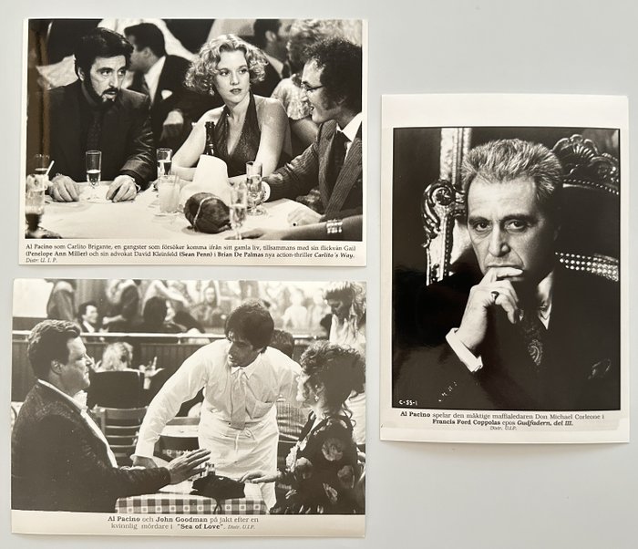 Set of 3 black and white Press photos - The Godfather Part III - Sea of love - Carlito’s way - Al Pacino - Penelope Ann Miller - Sean Penn