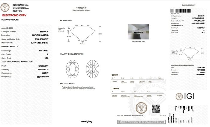 1 pcs Diamant  (Natur)  - 1.00 ct - Oval - E - VS2 - International Gemological Institute (IGI) - Fantastisk oval diamant