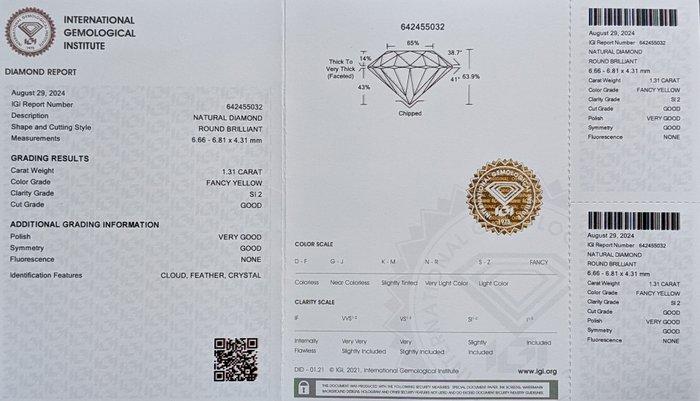 Ingen mindstepris - 1 pcs Diamant  (Naturfarvet)  - 1.31 ct - Rund - Fancy Gul - SI2 - International Gemological Institute (IGI)