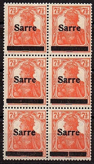 Sarre  - 1920 - Varieter - nr. 5 II a **, 7 1/2 Pf (2. oplag) Stænger knækket og buet på midten i 1