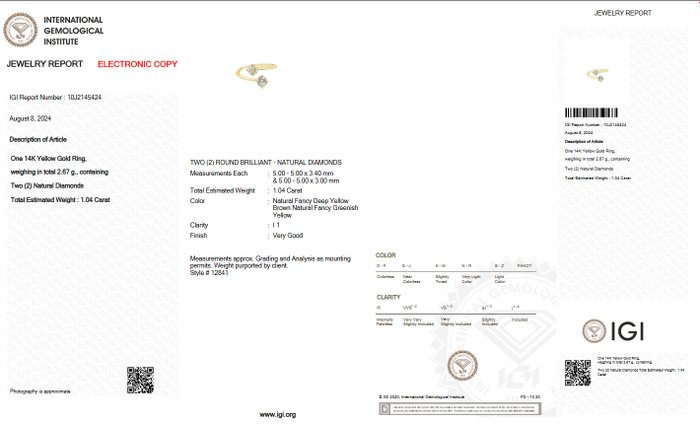 Ingen mindstepris - Ring - 14 karat Gulguld -  1.04ct. tw. Diamant (Naturfarvet) - IGI