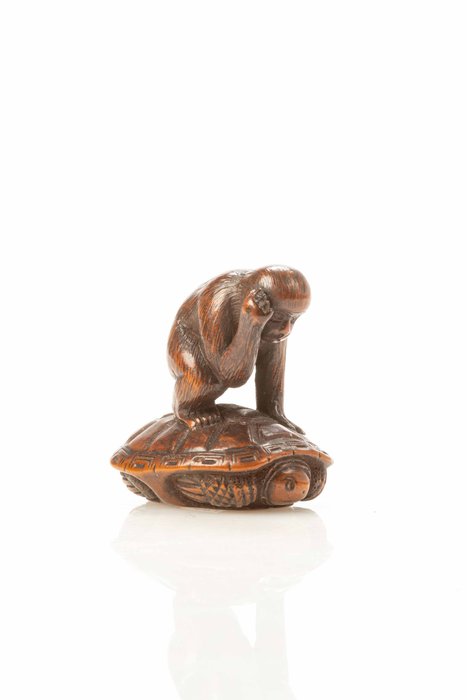 En fin buksbom netsuke med en fremragende patina forestillende en abe på skildpadde - Buksbomved - Japan - Edo-perioden (1800-tallet)