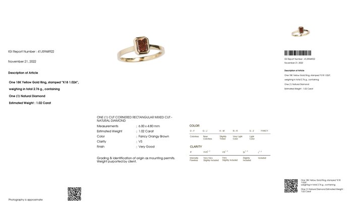 Ring - 18 kraat Gulguld -  1.02ct. tw. Brun Diamant (Naturfarvet) - ORANGY BRUN