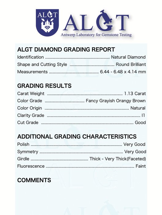 1 pcs Diamant  (Naturfarvet)  - 1.13 ct - Rund - Fancy Grålig, Orange nuance Brun - I1 - Antwerp Laboratory for Gemstone Testing (ALGT)