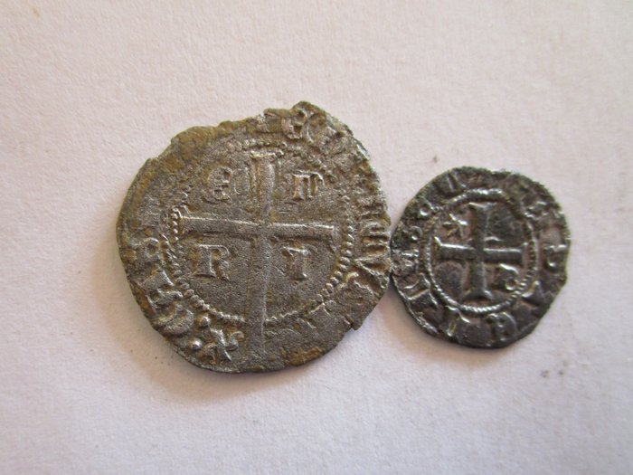 Kongeriget Castilien og León. Enrique II (1368-1379)  Enrique III (1390-1406). Meaja Coronada de Burgos y Cruzado (2 monedas)  (Ingen mindstepris)