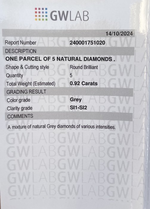 Ingen mindstepris - 5 pcs Diamant  (Natur)  - 0.92 ct - Rund - SI1, SI2 - Gemewizard Gemological Laboratory (GWLab) - Grå