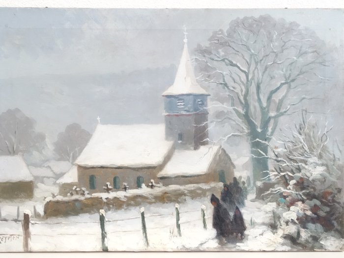 Nestor Reymen  ( 1872 - 1952 ) - sneeuwlandschap met kerk