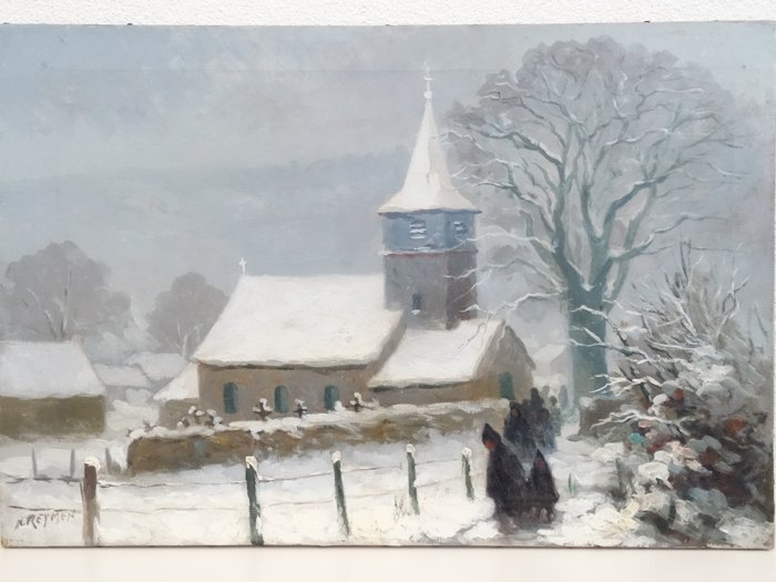 Nestor Reymen  ( 1872 - 1952 ) - sneeuwlandschap met kerk