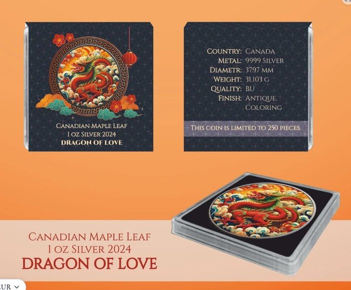 Canada. 5 Dollars 2024 Maple Leaf - Dragon Of Love Colorized, 1 Oz (.999)  (Ingen mindstepris)