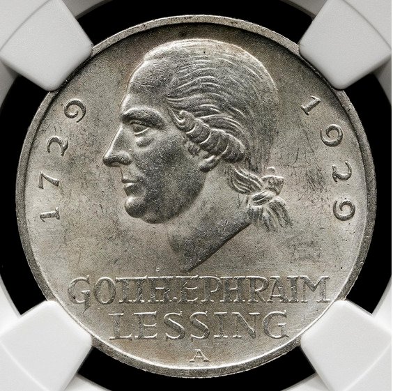 Tyskland, Weimarrepublikken 3 Mark 1929 / Conmemorativa de bicentenario de Gotthold Ephraim Lessing - NGC MS 61