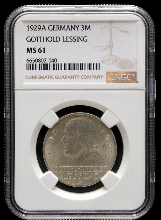 Tyskland, Weimarrepublikken 3 Mark 1929 / Conmemorativa de bicentenario de Gotthold Ephraim Lessing - NGC MS 61