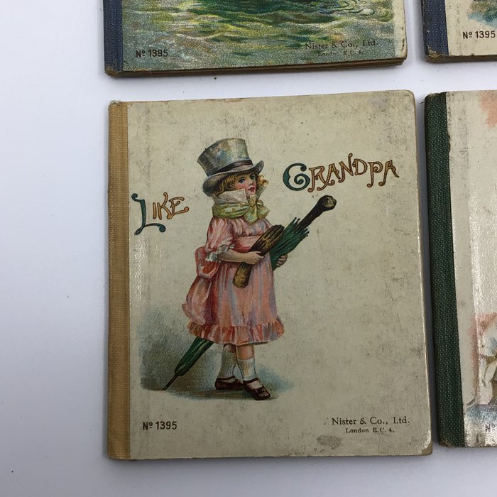 Nister  Co - Complete  Miniature Set: Cat's Cradle Like Grandpa A Little Pickle Miss Busy Bee A Snow Fight - 1890