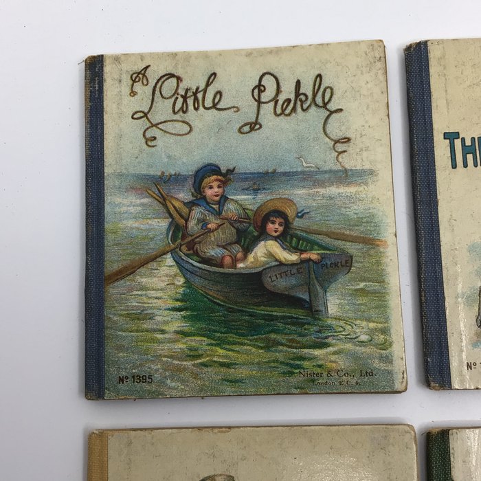 Nister  Co - Complete  Miniature Set: Cat's Cradle Like Grandpa A Little Pickle Miss Busy Bee A Snow Fight - 1890