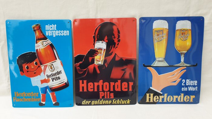 Reklameplakat (3) - Tre gamle metalreklameskilte Herforder Pils 30 x 20 cm