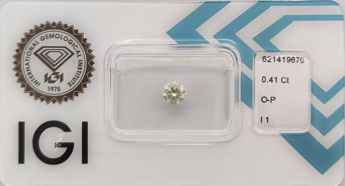 Ingen mindstepris - 1 pcs Diamant  (Natur)  - 0.41 ct - Rund - I1 - International Gemological Institute (IGI) - O - P