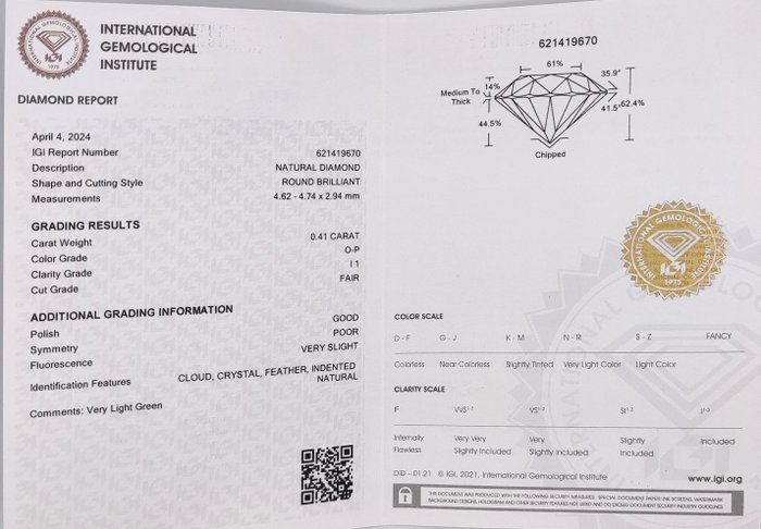 Ingen mindstepris - 1 pcs Diamant  (Natur)  - 0.41 ct - Rund - I1 - International Gemological Institute (IGI) - O - P