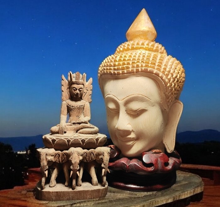 Shan-stil - Buddha-skulptur med elefanter og Buddha-hoved af træ - Myanmar  (Ingen mindstepris)