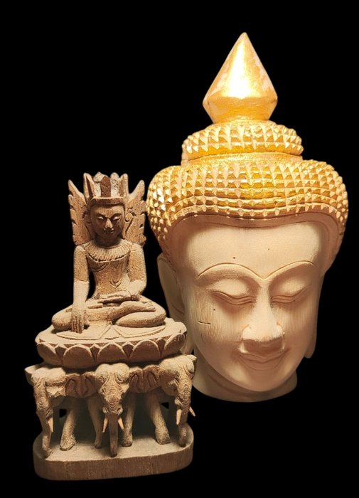 Shan-stil - Buddha-skulptur med elefanter og Buddha-hoved af træ - Myanmar  (Ingen mindstepris)