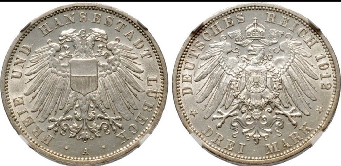 Tyskland, Emperie, Tyskland, Lübeck. 3 Mark 1912, in NGC-MS-62