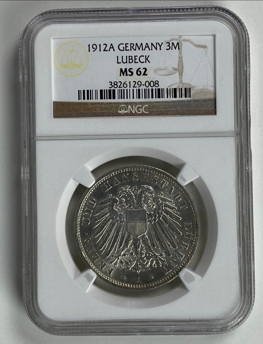 Tyskland, Emperie, Tyskland, Lübeck. 3 Mark 1912, in NGC-MS-62