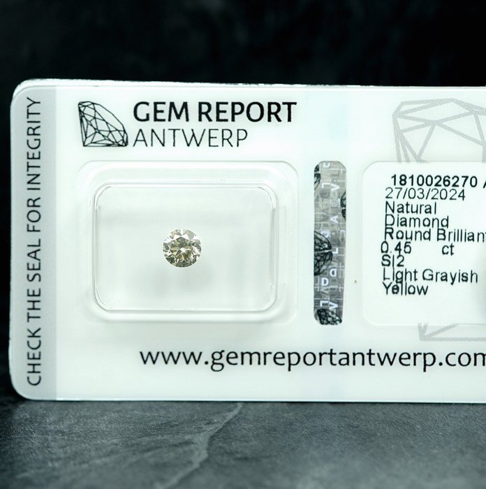 1 pcs Diamant  (Naturfarvet)  - 0.45 ct - Light Grålig Gul - SI2 - Gem Report Antwerp (GRA)