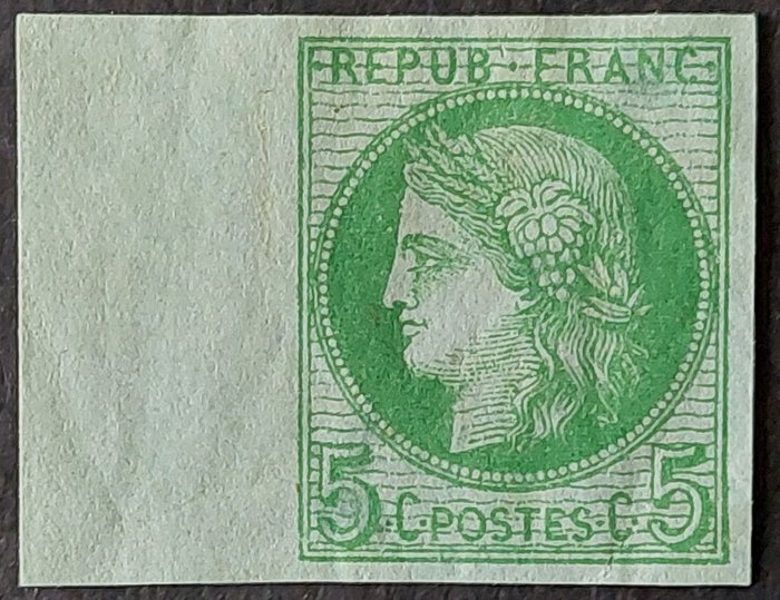 Frankrig 1872 - Utændt Ceres, Tredje Republik, 5 c. grøn-gul s. azurblå, Ceres certifikat - Yvert 53d