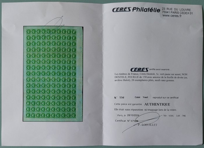 Frankrig 1872 - Utændt Ceres, Tredje Republik, 5 c. grøn-gul s. azurblå, Ceres certifikat - Yvert 53d