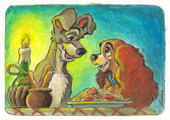 Joan Vizcarra - Lady and the Tramp: Spaghetti Romance - Original Painting