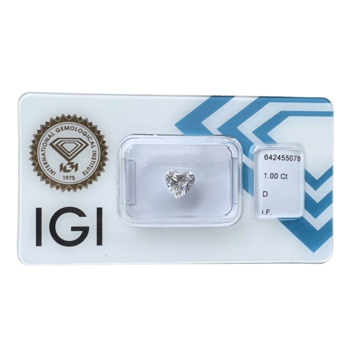 Ingen mindstepris - 1 pcs Diamant  (Natur)  - 1.00 ct - Hjerte - D (farveløs) - IF - International Gemological Institute (IGI) - Bedøvelse Form Top Make