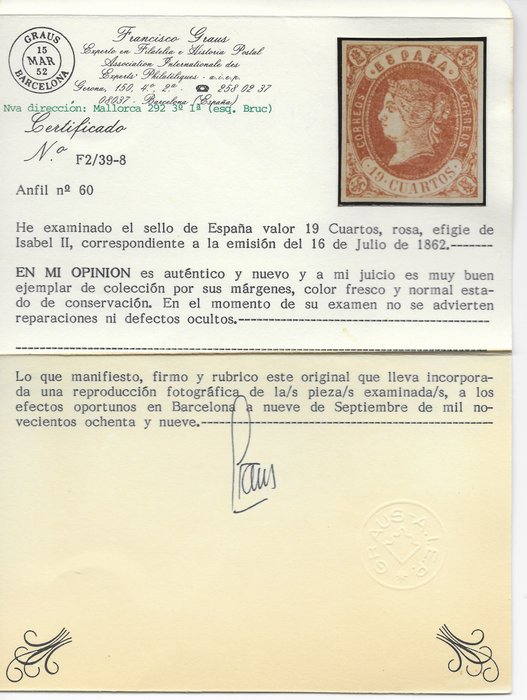 Spanien 1862 - Elizabeth II 19 værelser Graus certifikat - EDIFIL Nº 60