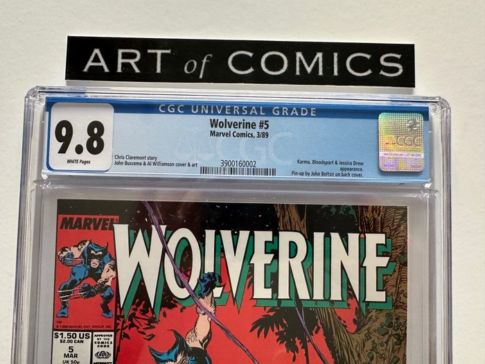 Wolverine #5 - Karma, Bloodsport, Jessica Drew Appearance - Pinup By John Bolton On Back Cover - CGC Graded 9.8!! - Extremely High Grade!! - White Pages!! - 1 Graded comic - Første udgave - 1989