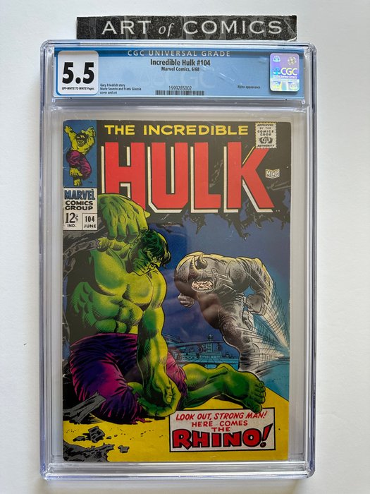 The Incredible Hulk #104 - Hulk Vs Rhino - CGC 55 Graded - Mid Grade! - 1 Graded comic - Første udgave - 1968