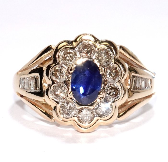 Ring - 14 karat Gulguld -  1.25ct. tw. Safir - Diamant