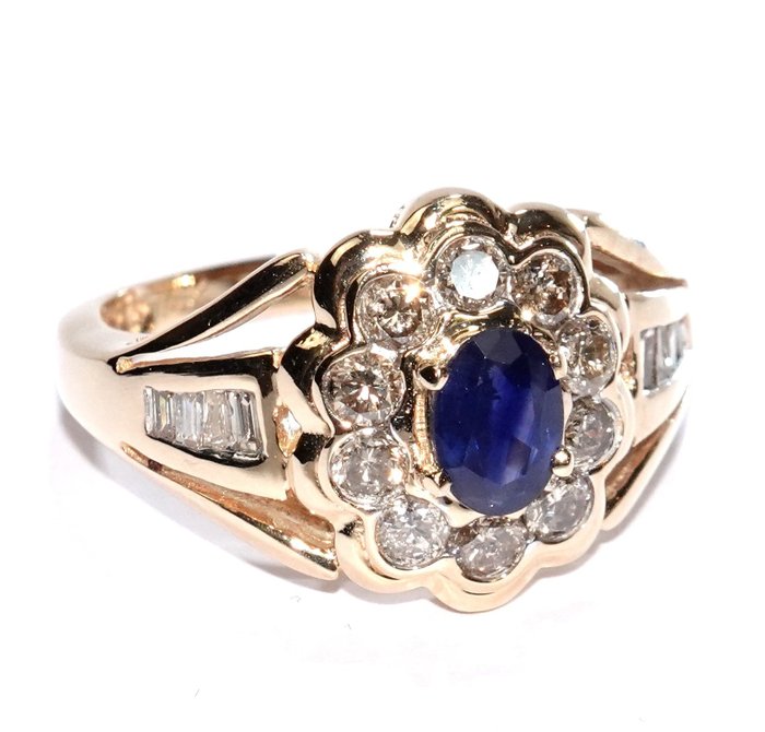 Ring - 14 karat Gulguld -  1.25ct. tw. Safir - Diamant